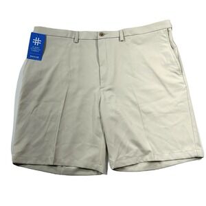 Haggar Cool 18 Pro Shorts Men 44 Beige Gripper Waist Flat Front UV Quick Dry NEW